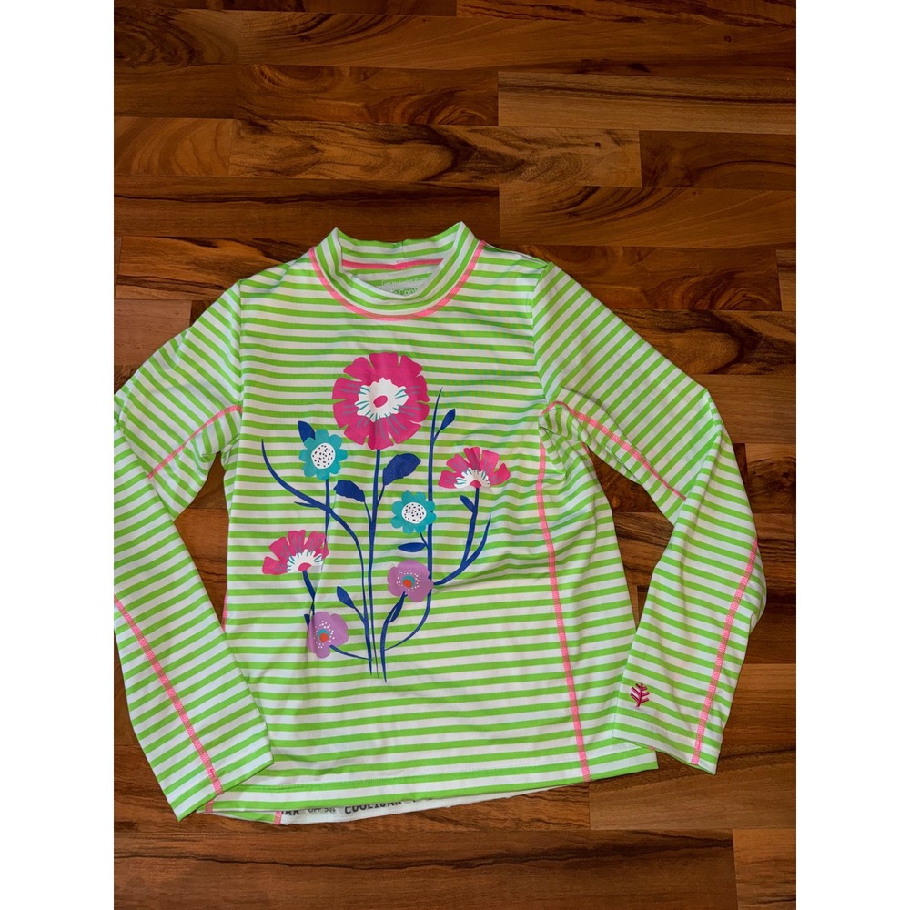 Coolibar Surf Shirt Kids L Green Striped Good UPF 50+ Floral Long Sleeve 03891